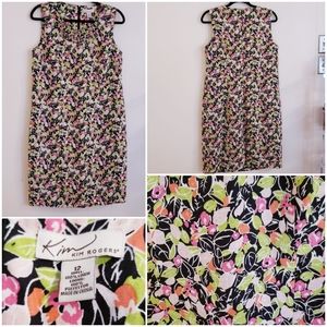 Kim Rogers Women Dress 12 100% Linen Sleeveless Shift Black Floral Ruffle Neck